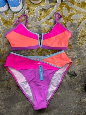 🆕 POPVIL Swim Neon Colorblock 2-Poece Bikini Set Pink, Coral & Purple 🌴
